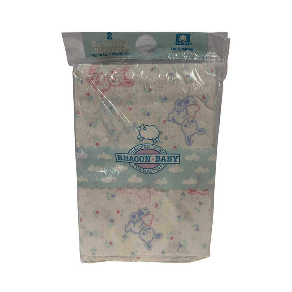 Beacon Baby Bunny Hearts White Flower Cotton Receiving Blanket 2 Pack 30x30 NEW